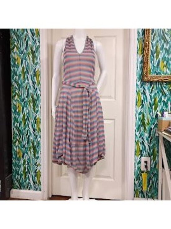 Samuel Dong Size M/L Striped Halter Midi Dress Handkerchief Hem & Metallic Sheen - Picture 11 of 15